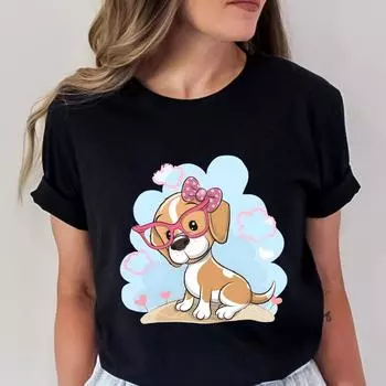 Женская футболка с принтом собаки Kawaii, Harajuku Ulzzang, модная уличная одежда, футболки, милые забавные футболки, топы с графикой Y2k, эстетичная одежда S чёрный