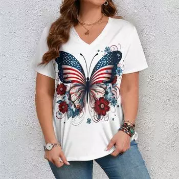 Женская футболка с принтом стрекоз и цветов, женская футболка свободного покроя с короткими рукавами и американским флагом, повседневные топы, летняя свободная уличная одежда S