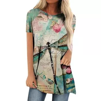 Женская футболка с принтом «Стрекоза» 3D Футболка Женская мода Футболки Женские топы Футболки Винтажная длинная футболка Camiseta Женская одежда S