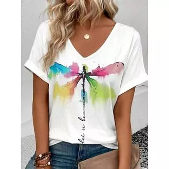 Женская футболка с принтом стрекозы и букв, повседневная, с коротким рукавом, белая, летняя S