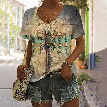 Женская футболка с принтом стрекозы, топы, одежда в стиле Харадзюку для женщин, летние повседневные футболки с v-образным вырезом и короткими рукавами, женский модный пуловер M