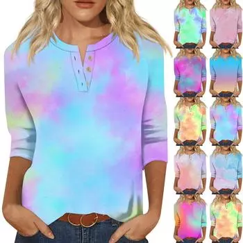 Женская футболка с принтом тай-дай и градиентом, рукавом три четверти, застегивающаяся на пуговицы, нижняя часть рубашки S