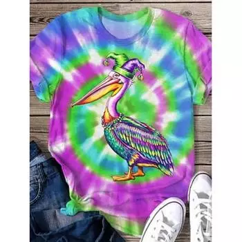 Женская футболка с принтом тай-дай, повседневная, с коротким рукавом, круглым вырезом, обычные топы, повседневный принт, розовый, красный, синий, фиолетовый, радуга, лето S