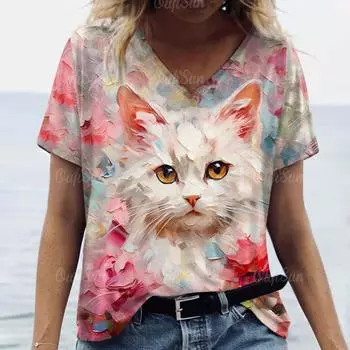 Женская футболка с принтом «Tie-dye Cat» для женщин, футболки больших размеров, женская трендовая одежда, летняя, с коротким рукавом, дешевая XXS