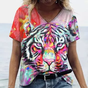 Женская футболка с принтом тигра и льва 3D Футболка с коротким рукавом для женщин Топы Летняя дышащая футболка S