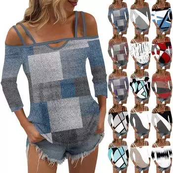 Женская футболка с принтом, топы с открытыми плечами и рукавами 3/4, сексуальный модный обычный топ XL