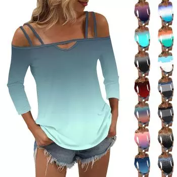 Женская футболка с принтом, топы с открытыми плечами и рукавами 3/4, сексуальный модный обычный топ XXL