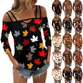 Женская футболка с принтом, топы с открытыми плечами и рукавами 3/4, сексуальный модный обычный топ S чёрный