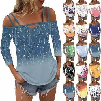 Женская футболка с принтом, топы с открытыми плечами и рукавами 3/4, сексуальный модный обычный топ XL