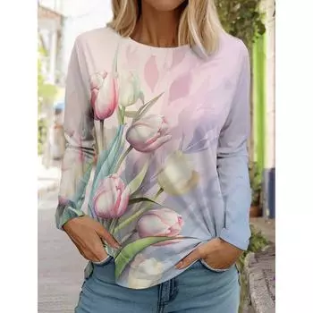 Женская футболка с принтом тюльпана на 3D-принте, модная, с длинными рукавами и круглым вырезом, обычные топы, праздничные выходные, синяя одежда для весны и осени S