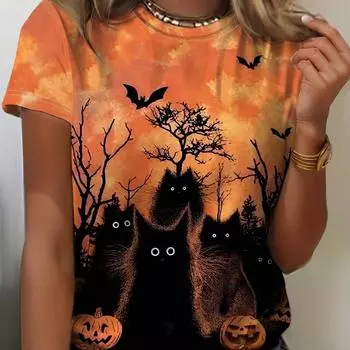 Женская футболка с принтом тыкв и котов на Хэллоуин, женские футболки, свободная футболка, летняя женская одежда с коротким рукавом, мода S