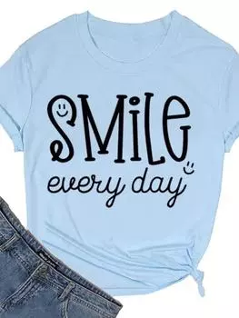 Женская футболка с принтом «Улыбка каждый день» с коротким рукавом и круглым вырезом, свободная женская футболка, женская футболка, топы S чёрный