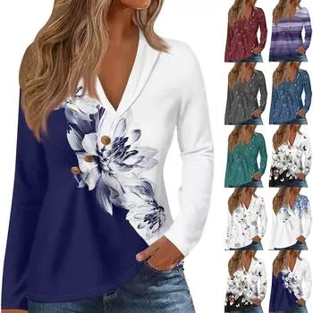 Женская футболка с принтом, V-образным вырезом, пуговицами, оборками, длинными рукавами L чёрный