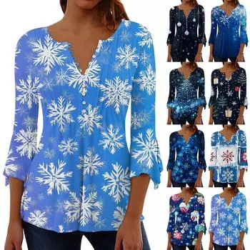 Женская футболка с принтом, V-образным вырезом, рукавом 3/4, на пуговицах L чёрный