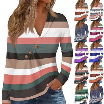 Женская футболка с принтом, V-образным вырезом, пуговицами, оборками, длинными рукавами L синий