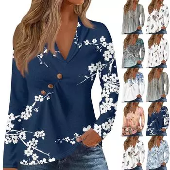 Женская футболка с принтом, V-образным вырезом, пуговицами, оборками, длинными рукавами L темно-синий