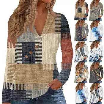 Женская футболка с принтом, V-образным вырезом, пуговицами, оборками, длинными рукавами L синий