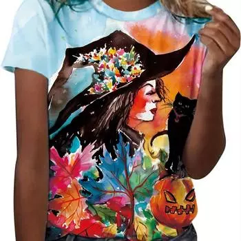 Женская футболка с принтом «Ведьма и тыква на Хэллоуин», лето 2024 г., женский цветной топ с коротким рукавом, тонкий дышащий женский наряд S