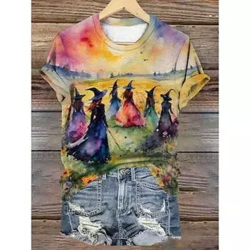 Женская футболка с принтом «Ведьма на Хэллоуин», стильная повседневная, с коротким рукавом и круглым вырезом, желтая, летняя S