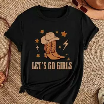 Женская футболка с принтом «Винтажный ковбой Let s Go» для девочек с коротким рукавом, летняя уличная мода, топы с круглым вырезом, свободная женская одежда S