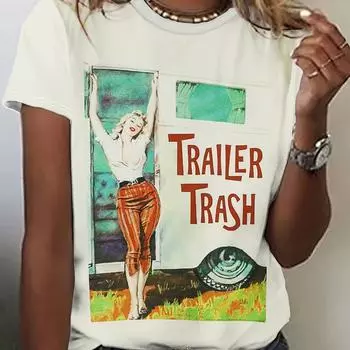 Женская футболка с принтом «Винтажный трейлер» из полиэстера с круглым вырезом, повседневный стиль, стандартный крой, с легкой эластичностью, на весну/лето S