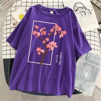 Женская футболка с принтом «Вишня в полном цвету», уличная дышащая футболка, мягкие модные спортивные футболки с коротким рукавом большого размера XS