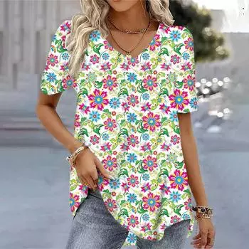 Женская футболка с принтом в богемном стиле, блузка с цветочным принтом в стиле Харадзюку, топы с короткими рукавами, летние пуловеры с v-образным вырезом, женская свободная одежда, футболки S