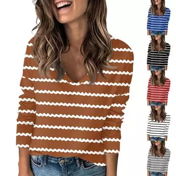 Женская футболка с принтом в полоску, с заниженными плечами, с длинным рукавом, повседневная мода на выходные, базовый топ с V-образным вырезом XL