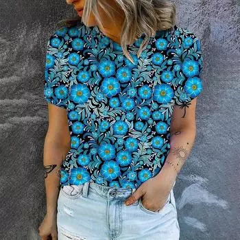 Женская футболка с принтом в стиле ретро, футболка с цветочным узором, летняя женская мода для отдыха, популярная футболка с короткими рукавами, большой топ XS