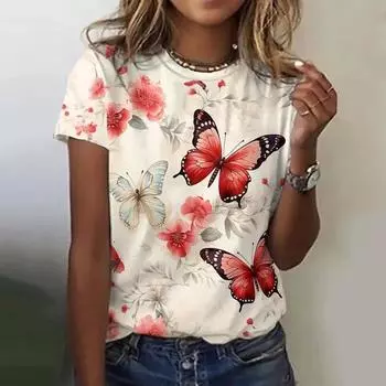 Женская футболка с принтом в виде бабочки, футболки с коротким рукавом, повседневная уличная мода, топы с круглым вырезом, летняя свободная женская одежда S