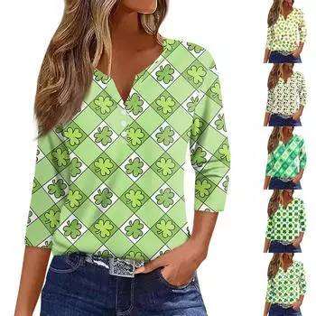 Женская футболка с принтом в виде Дня Святого Патрика, на пуговицах, рукав 3/4, повседневная модная базовая футболка с V-образным вырезом, стандартный топ L