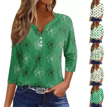 Женская футболка с принтом в виде Дня Святого Патрика, на пуговицах, рукав 3/4, повседневная модная базовая футболка с V-образным вырезом, стандартный топ XXL