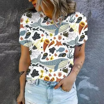 Женская футболка с принтом в виде маленького кита, модная популярная футболка большого размера, летняя женская футболка с круглым вырезом S