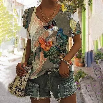 Женская футболка с принтом в виде маленькой бабочки и цветка, футболка с коротким рукавом и V-образным вырезом, женские топы, повседневная футболка большого размера в стиле Street Beat S