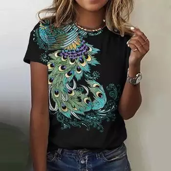 Женская футболка с принтом в виде перьев в стиле ретро, повседневный женский свитер Harajuku с круглым вырезом, летняя свободная футболка с короткими рукавами, повседневный топ XS чёрный