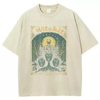 Женская футболка с принтом ведьмы на Хэллоуин, оверсайз, с круглым вырезом, стирка, женская одежда, нишевый дизайн, винтаж, короткий рукав S
