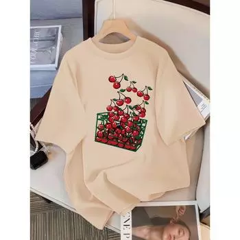 Женская футболка с принтом вишни, дышащая повседневная футболка, летняя футболка с коротким рукавом, мягкая свободная уличная одежда для женщин XS