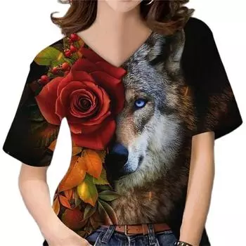 Женская футболка с принтом волка и 3D принтом Y2k, модная элегантная винтажная футболка с коротким рукавом, элегантная, повседневная, удобная, полиэстер S