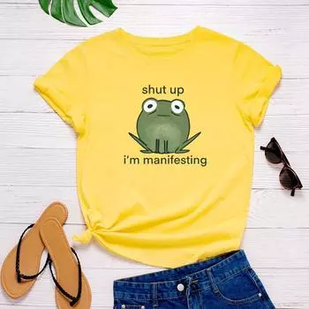 Женская футболка с принтом «Я манифестирую лягушку», свободные женские футболки с короткими рукавами и круглым вырезом, женские футболки, топы, одежда S жёлтый