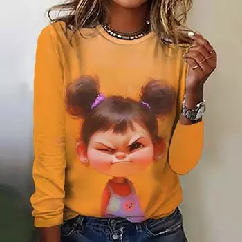 Женская футболка с принтом забавной девушки, с круглым вырезом и длинным рукавом, однотонная одежда, простой свитер с длинным рукавом и принтом персонажа S