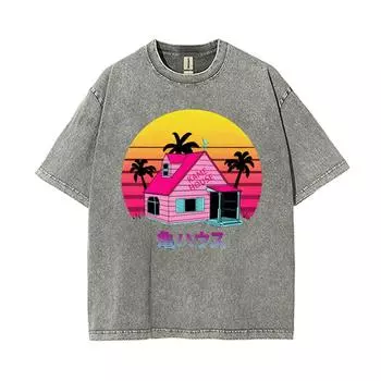 Женская футболка с принтом заката в мультяшном аниме-стиле, свободная, с эффектом стирки, оверсайз, модная, с коротким рукавом, хлопок, американский ретро-стрит-ти S