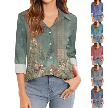 Женская футболка с принтом, женская рубашка на пуговицах с длинным рукавом, блузка, повседневные топы M зелёный
