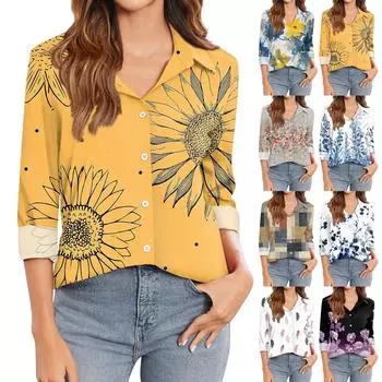 Женская футболка с принтом, женская рубашка на пуговицах с длинным рукавом, блузка, повседневные топы S белый