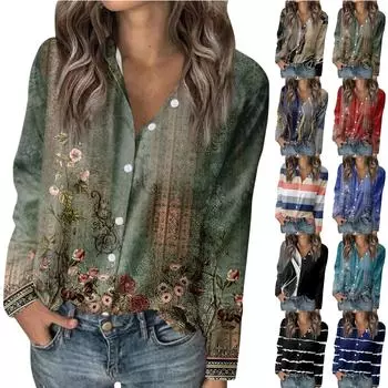 Женская футболка с принтом, женская рубашка на пуговицах с длинным рукавом, блузка, повседневные топы S синий