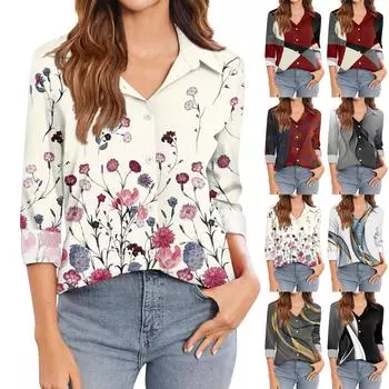 Женская футболка с принтом, женская рубашка на пуговицах с длинным рукавом, блузка, повседневные топы L красный