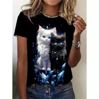 Женская футболка с принтом животных и кошек, 3D, летняя футболка с коротким рукавом, симпатичная уличная одежда для девочек, женская свободная одежда, пуловер S