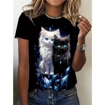 Женская футболка с принтом животных и кошек, 3D, летняя футболка с коротким рукавом, симпатичная уличная одежда для девочек, женская свободная одежда, пуловер S