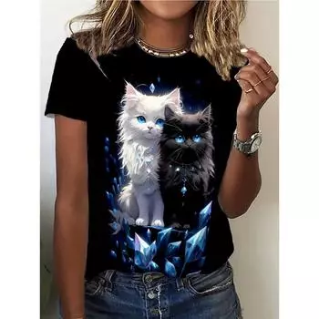 Женская футболка с принтом животных и кошек, 3D, летняя футболка с коротким рукавом, симпатичная уличная одежда для девочек, женская свободная одежда, пуловер XXS