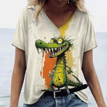Женская футболка с принтом животных из мультфильмов, топ больших размеров с V-образным вырезом, летняя женская трендовая одежда, рубашка с коротким рукавом, свободная футболка S