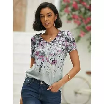 Женская футболка с простым цветочным принтом, короткий рукав, стандартные топы с V-образным вырезом, праздничные выходные, розовые, синие, зеленые S